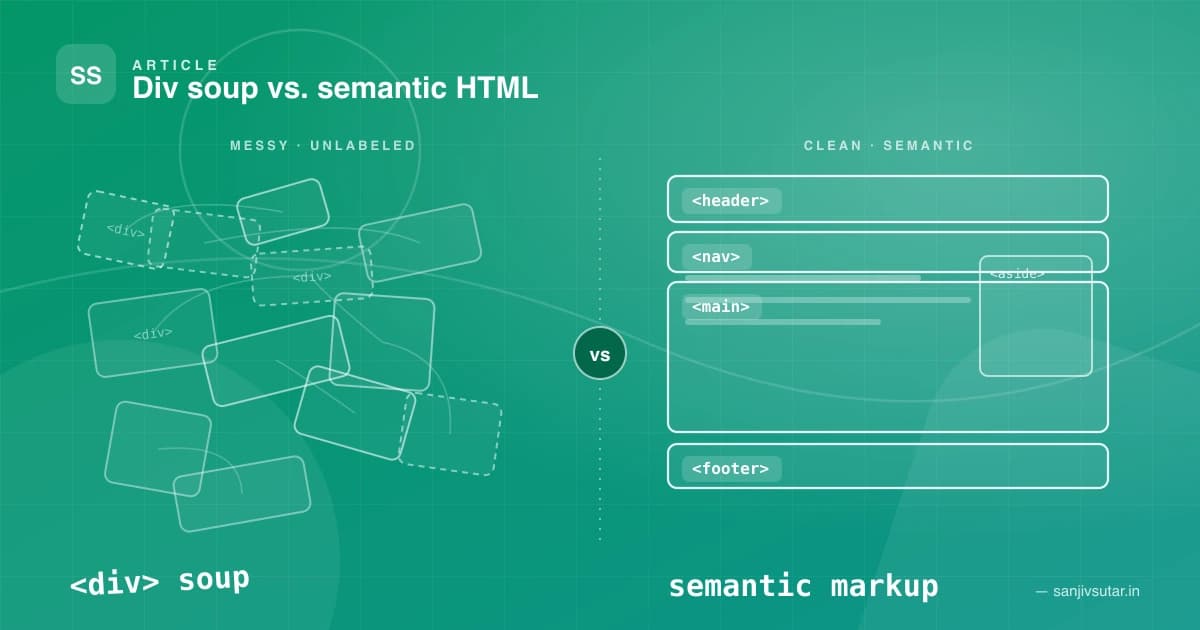 Split-screen illustration comparing messy, unlabeled div blocks on one side with clean, labeled semantic HTML tags like header, nav, main, and footer on the other.