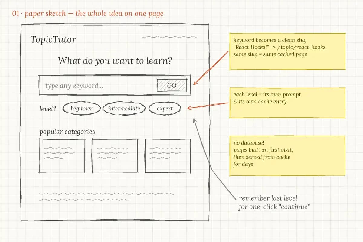 01 · Paper sketch. The first page: one search box, three levels, and the decision that a clean slug would double as the cache key.