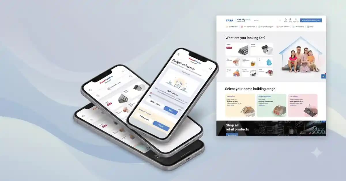 Tata Steel Aashiyana home-building portal shown across mobile and desktop screens