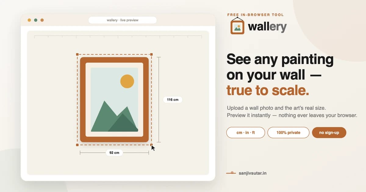 Wallery app cover image showing a painting being placed on a photographed wall.
