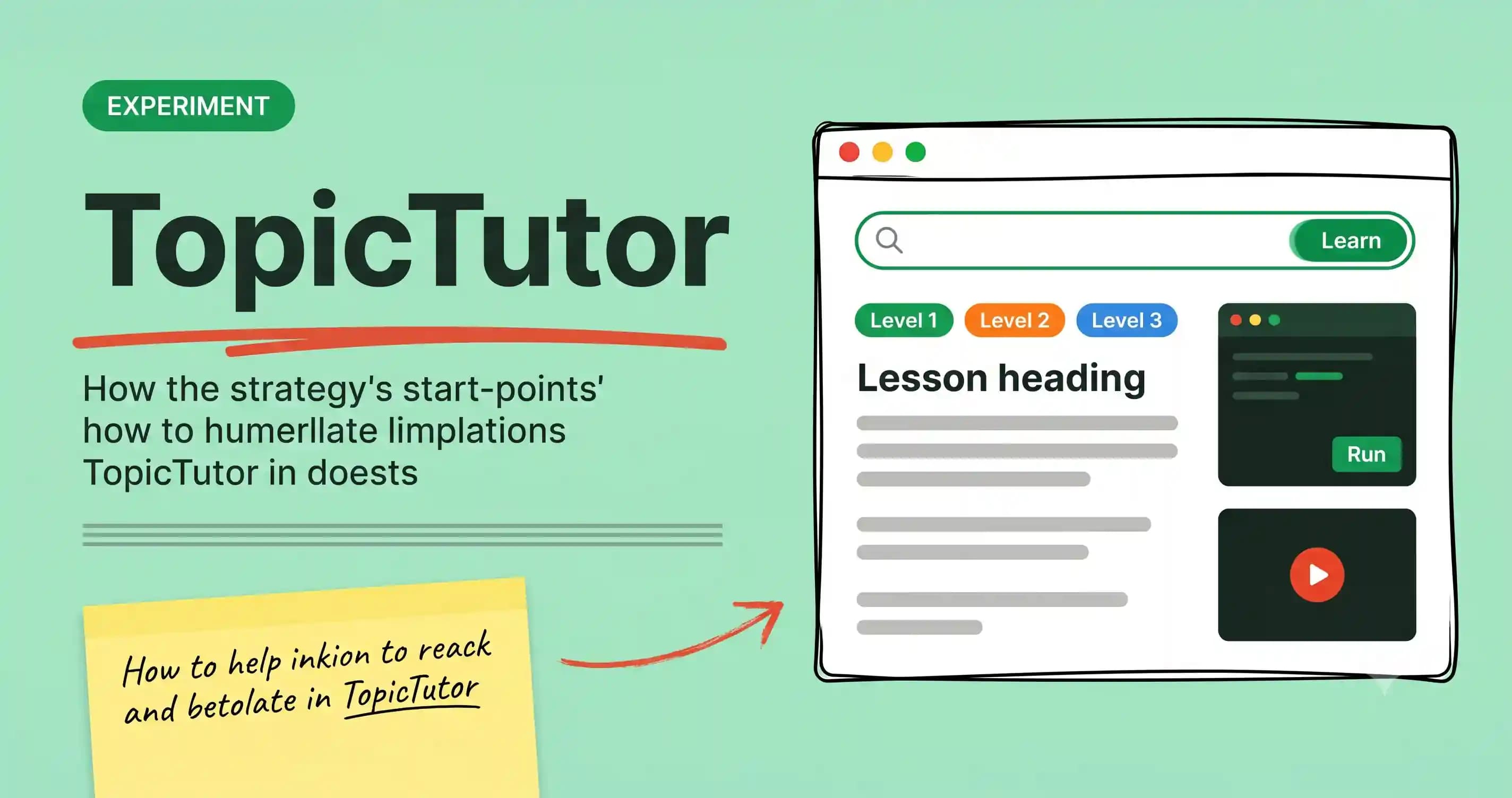TopicTutor hero mockup: a hand-drawn browser window with a topic search bar, three difficulty levels, a lesson panel with runnable code and a Run button, and an embedded video player